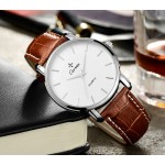 Brown Faux Leather Strap Round White Dial Vintage Watch Silver Case 40mm